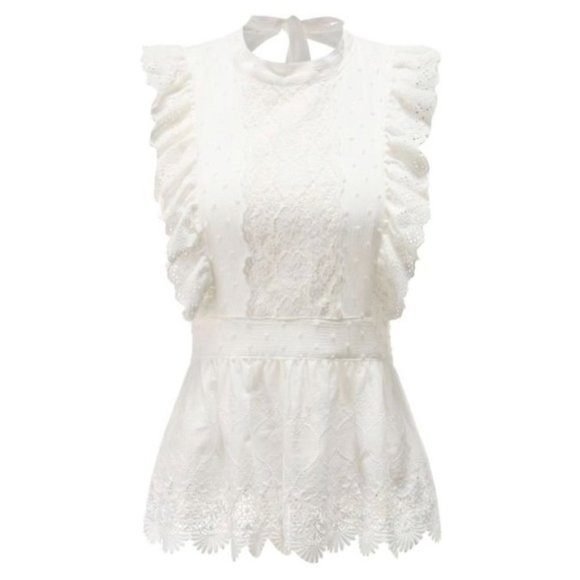 New White Lace Open Back Tie Blouse - Picture 3 of 6